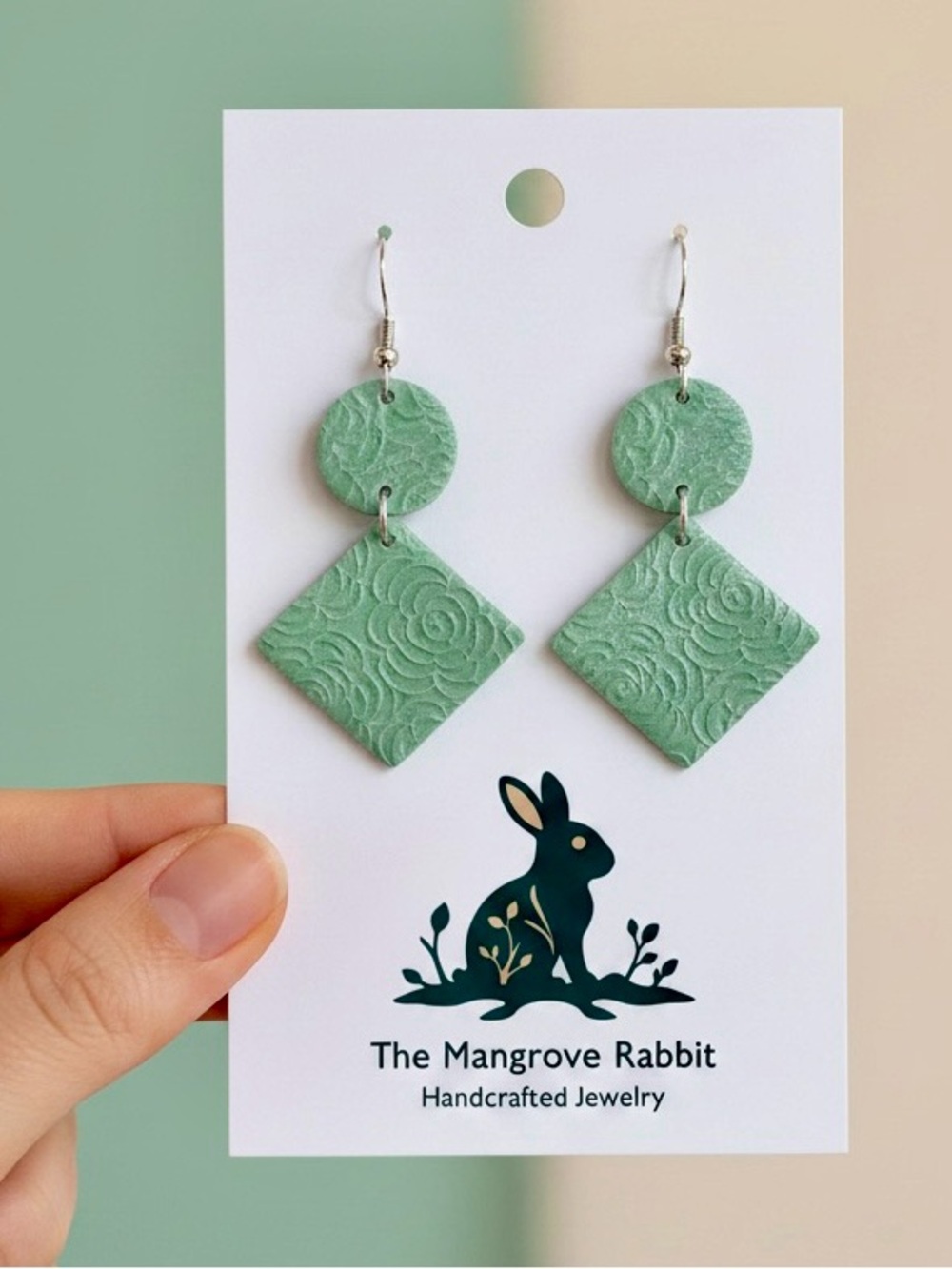 Soft Green Floral Textured Handmade Polymer Clay Earrings Stainless Steel Wires